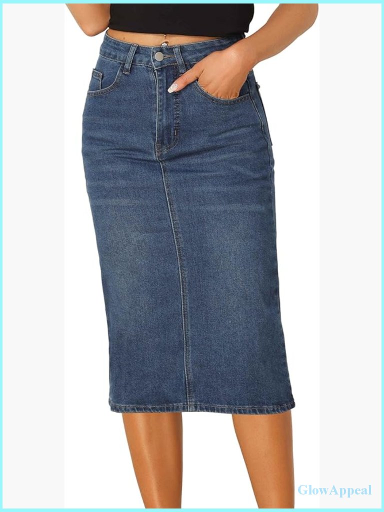 High Waist Midi Denim Skirt With Back Split